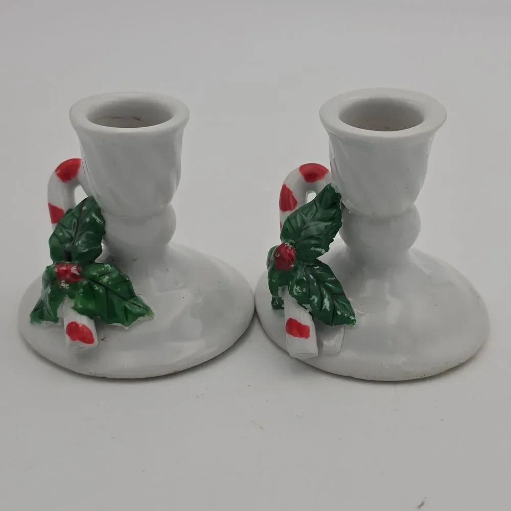 Vintage Christmas Ceramic Taper Candle Holders Set of 2 Candy Cane Holly